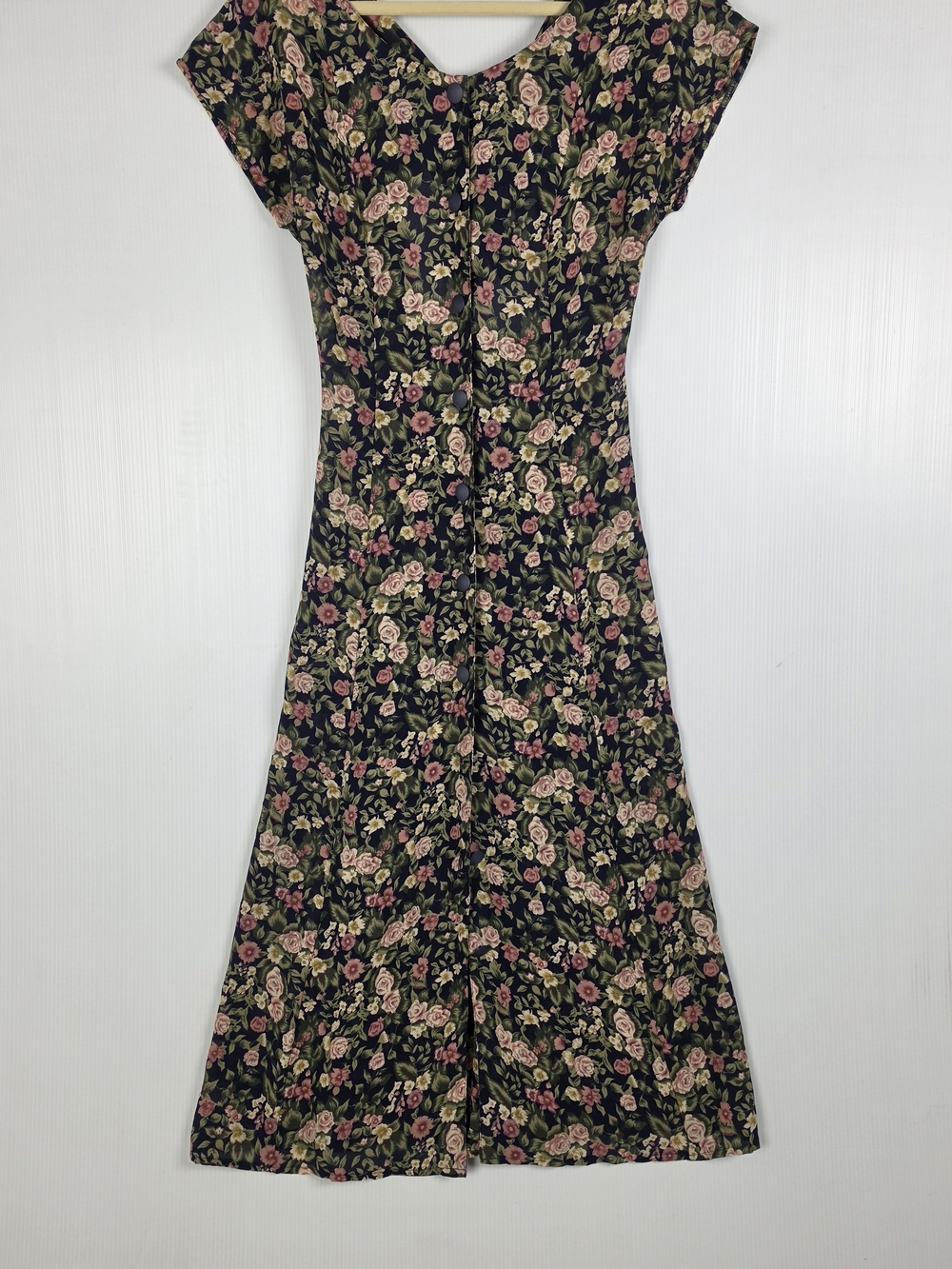 Floral Button-Front Midi Dress in Navy and Pink Rose Print